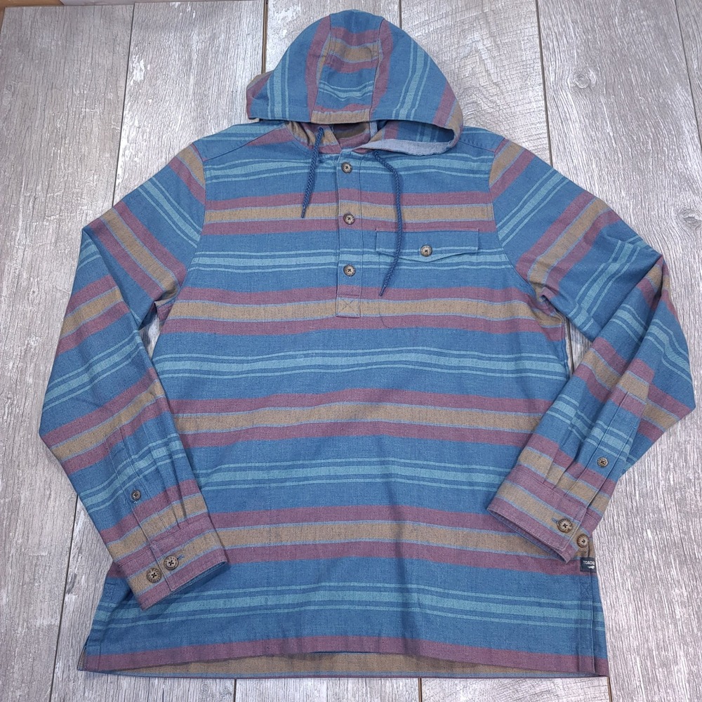 Toad & Co Barrel House Hoodie Men Size Medium Blue Striped Henley Pullover